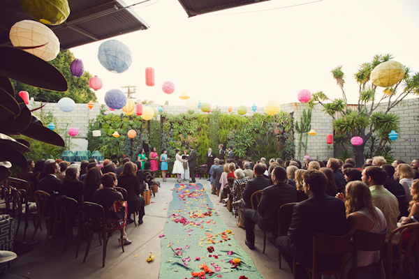 colorful outdoor ceremony with paper lanterns - vintage LA wedding at The Smog Shoppe photo by top Orange County wedding photographer Duke Images